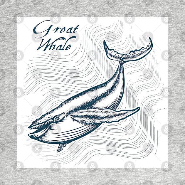 Great Whale in deep water. Engraving style. Only free font used. by devaleta